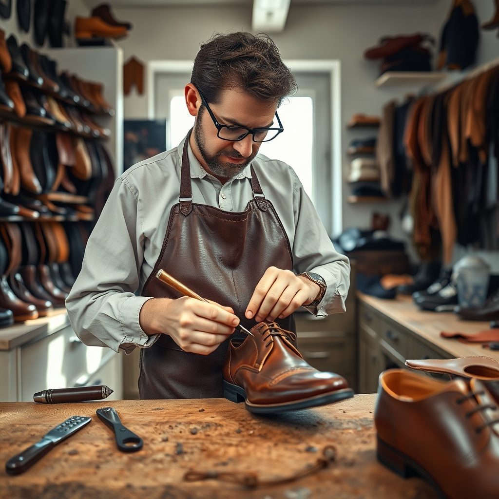 Shoe repair workshop with leather materials and tools
