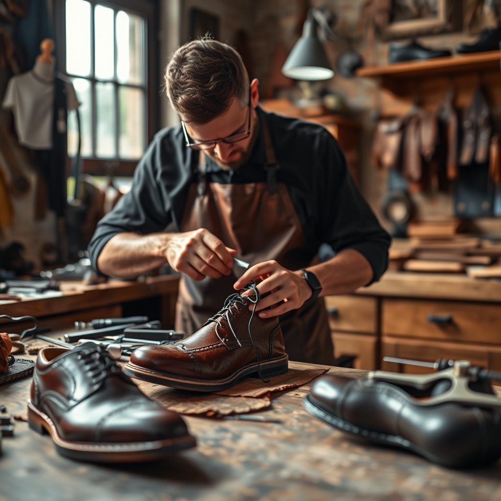 Shoe repair workshop with tools and leather materials.